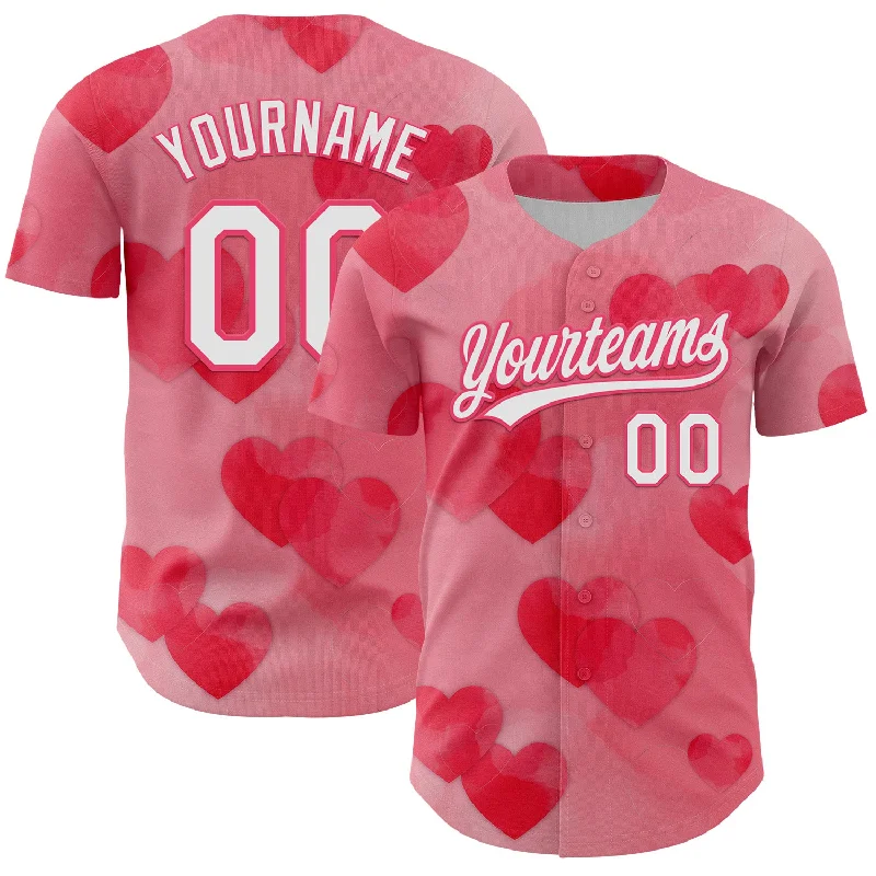 Custom Neon Pink White 3D Love Heart Valentine's Day Authentic Baseball Jersey