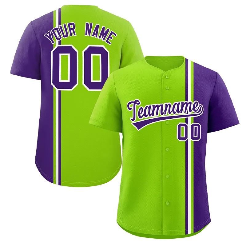 Custom Neon Green Purple-White Personalized Color Block Authentic Baseball jersey