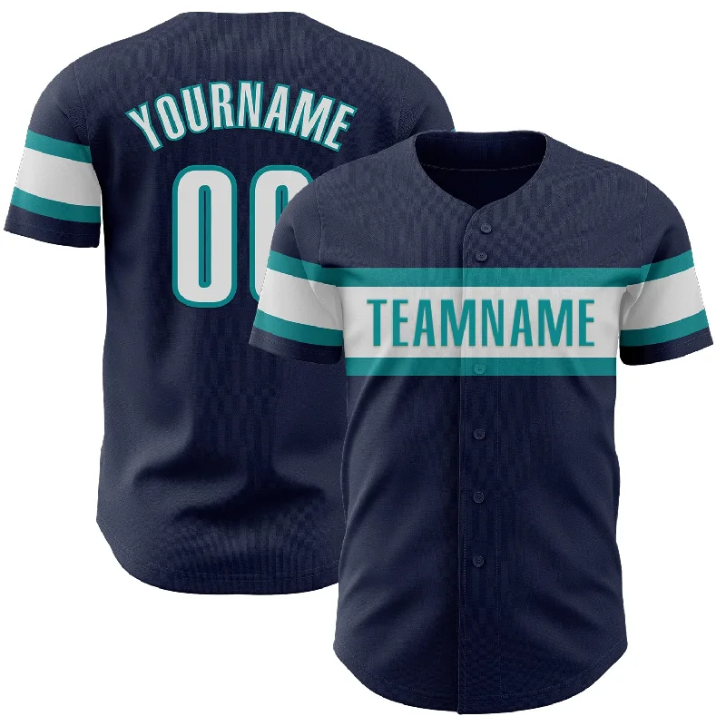 Custom Navy White-Teal Authentic Baseball Jersey