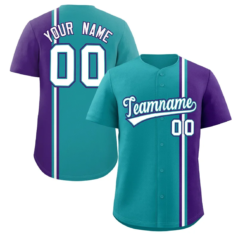 Custom Aqua Purple-White Personalized Color Block Authentic Baseball jersey