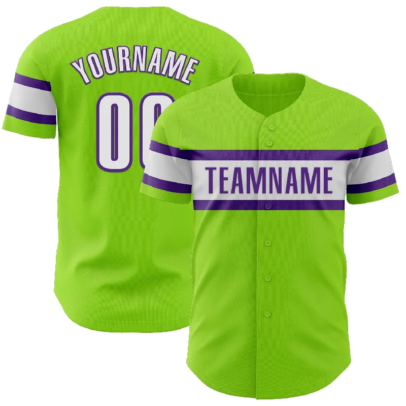 Custom Neon Green White-Purple Authentic Baseball Jersey