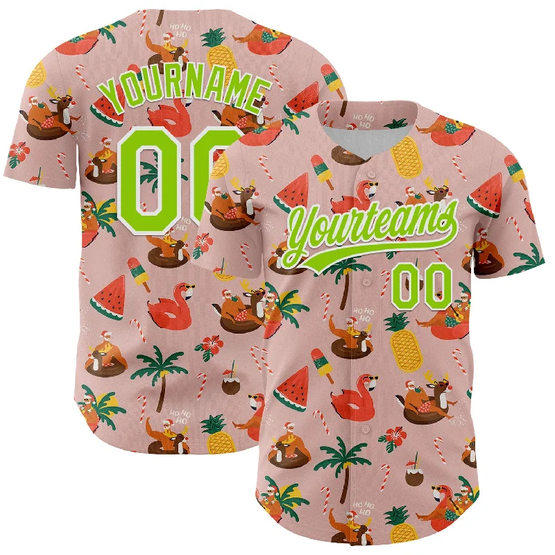 Custom Medium Pink Neon Green-White 3D Funny Christmas Authentic Baseball Jersey