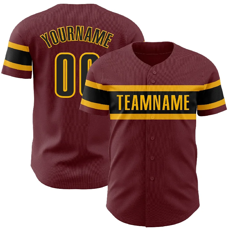 Custom Burgundy Black-Gold Authentic Baseball Jersey