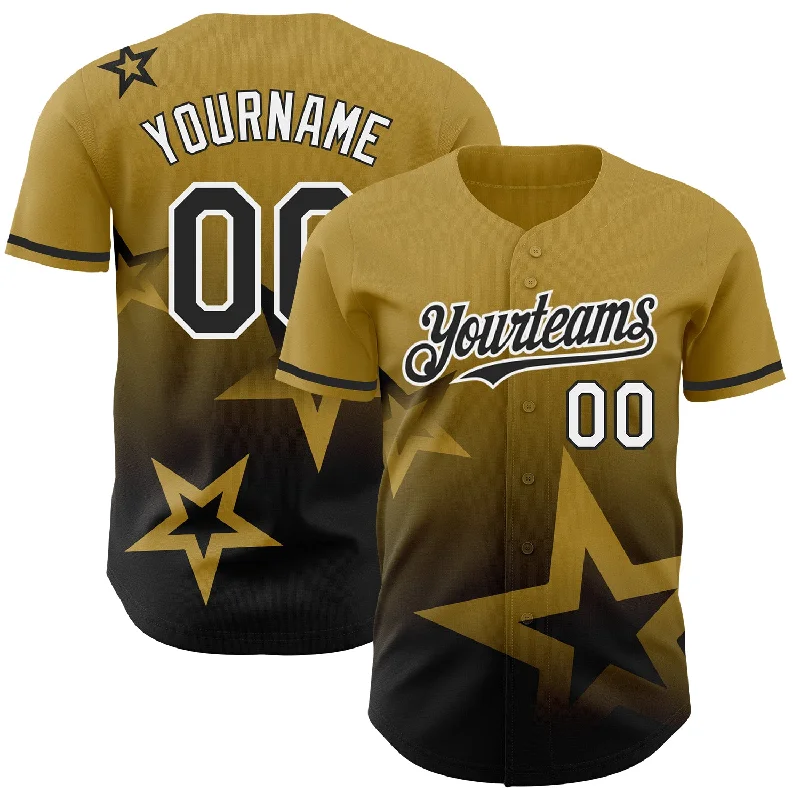 Custom Old Gold Black-White 3D Pattern Design Gradient Style Twinkle Star Authentic Baseball Jersey