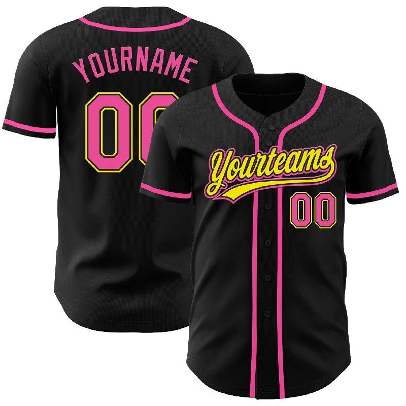 Custom Black Pink-Light Yellow Authentic Baseball Jersey