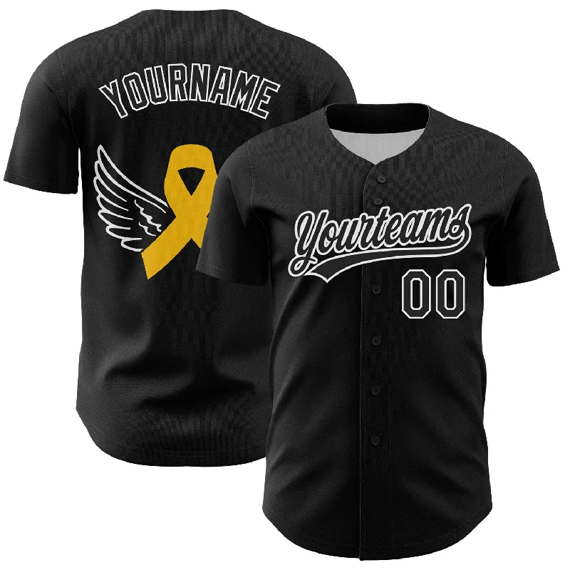 Custom Black White-Yellow 3D Childhood Cancer Gold Ribbon Authentic Baseball Jersey