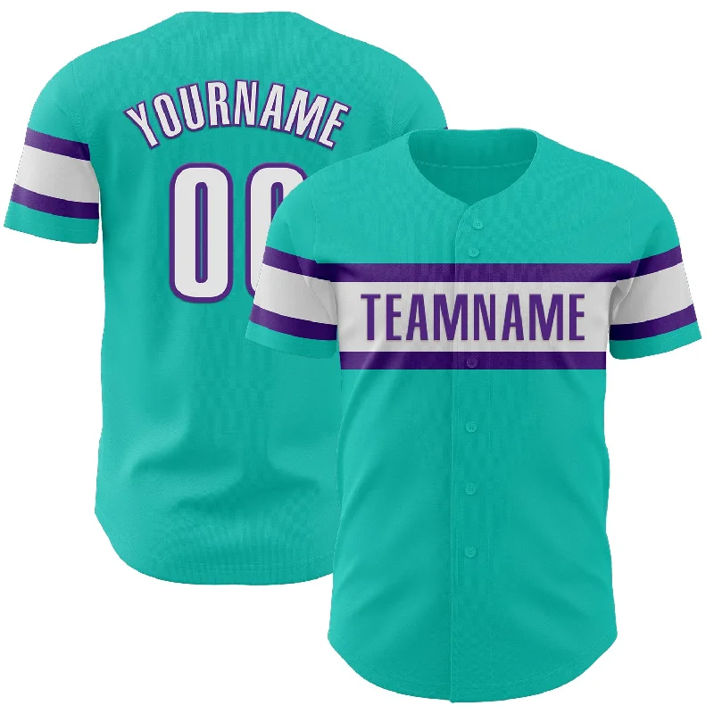 Custom Aqua White-Purple Authentic Baseball Jersey