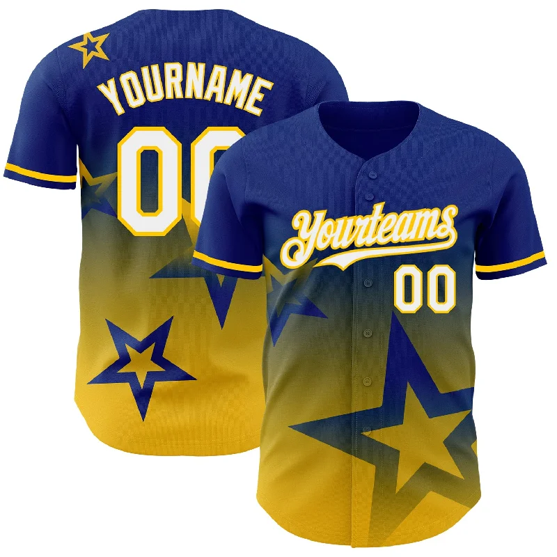 Custom Royal White-Yellow 3D Pattern Design Gradient Style Twinkle Star Authentic Baseball Jersey