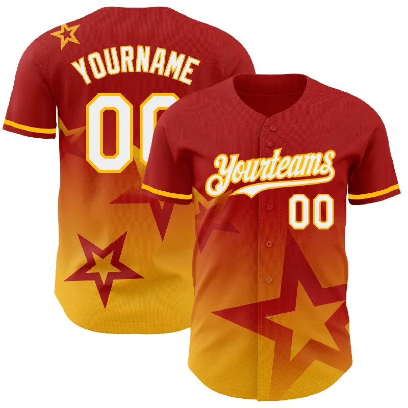 Custom Red White-Gold 3D Pattern Design Gradient Style Twinkle Star Authentic Baseball Jersey