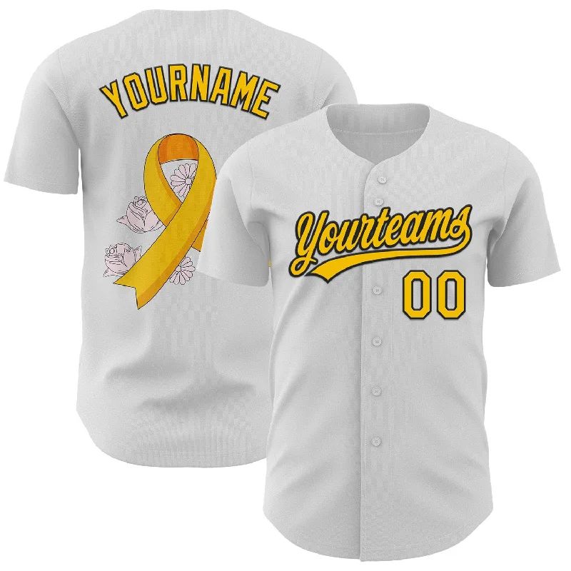 Custom White Yellow-Black 3D Childhood Cancer Gold Ribbon Authentic Baseball Jersey