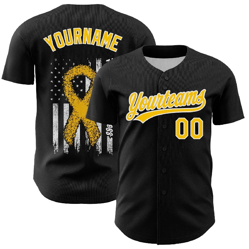 Custom Black Yellow-White 3D Childhood Cancer Gold Ribbon American Flag Authentic Baseball Jersey