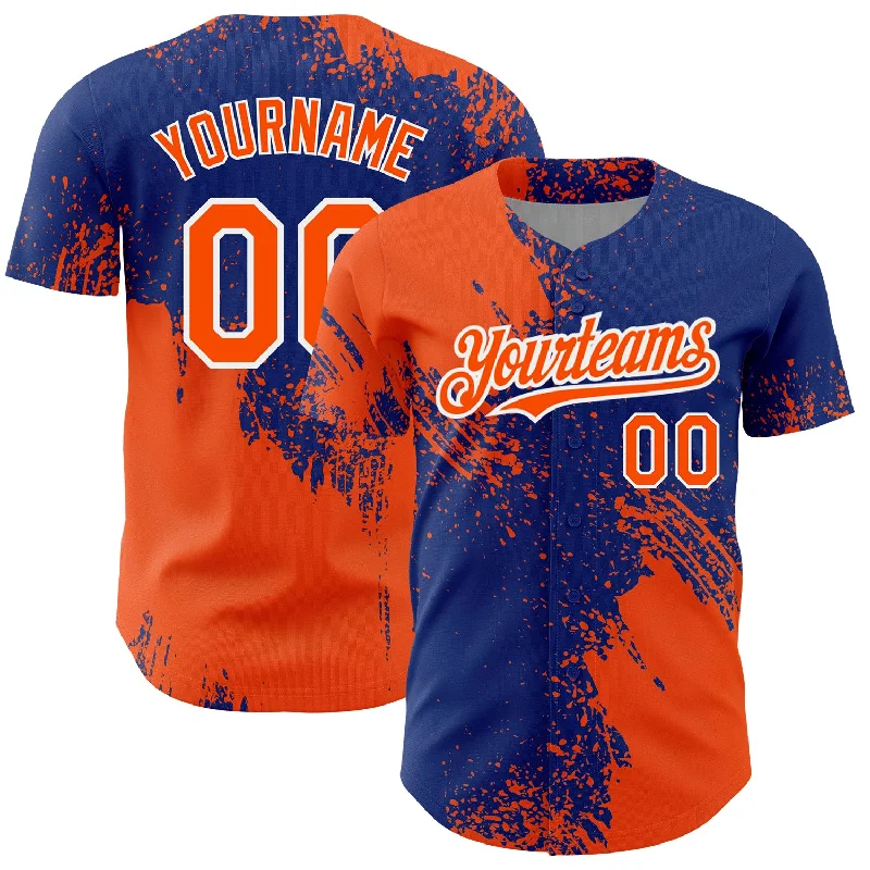 Custom Orange Royal-White 3D Pattern Design Abstract Brush Stroke Authentic Baseball Jersey