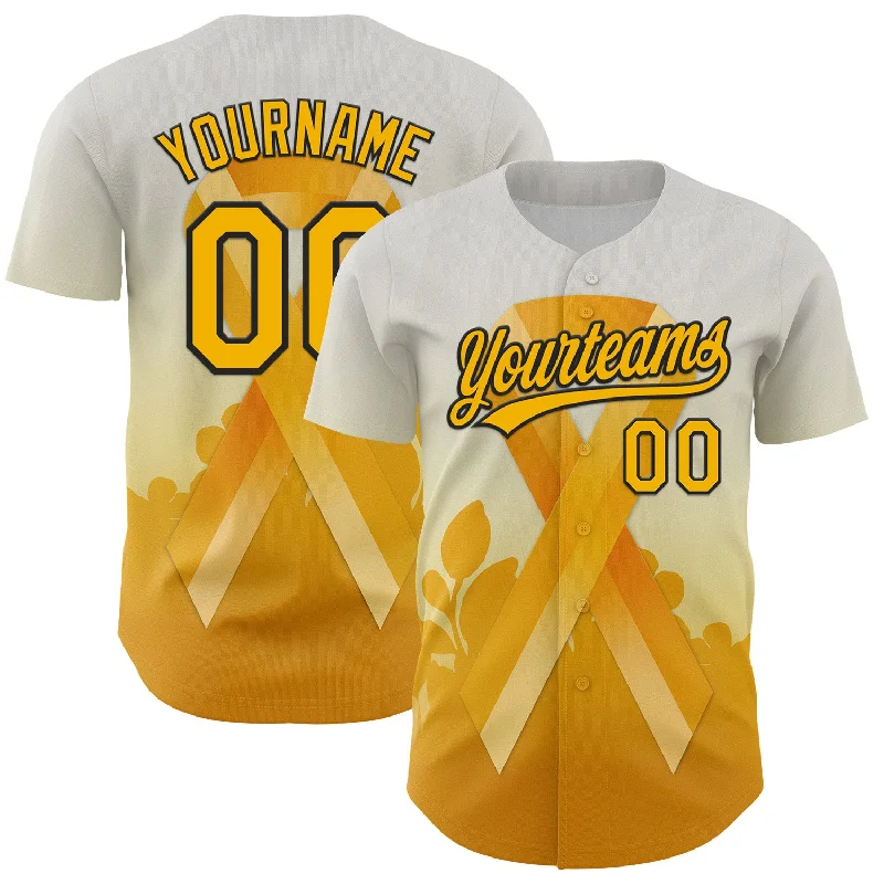 Custom White Gold-Black 3D Appendix Cancer Ribbon Authentic Baseball Jersey