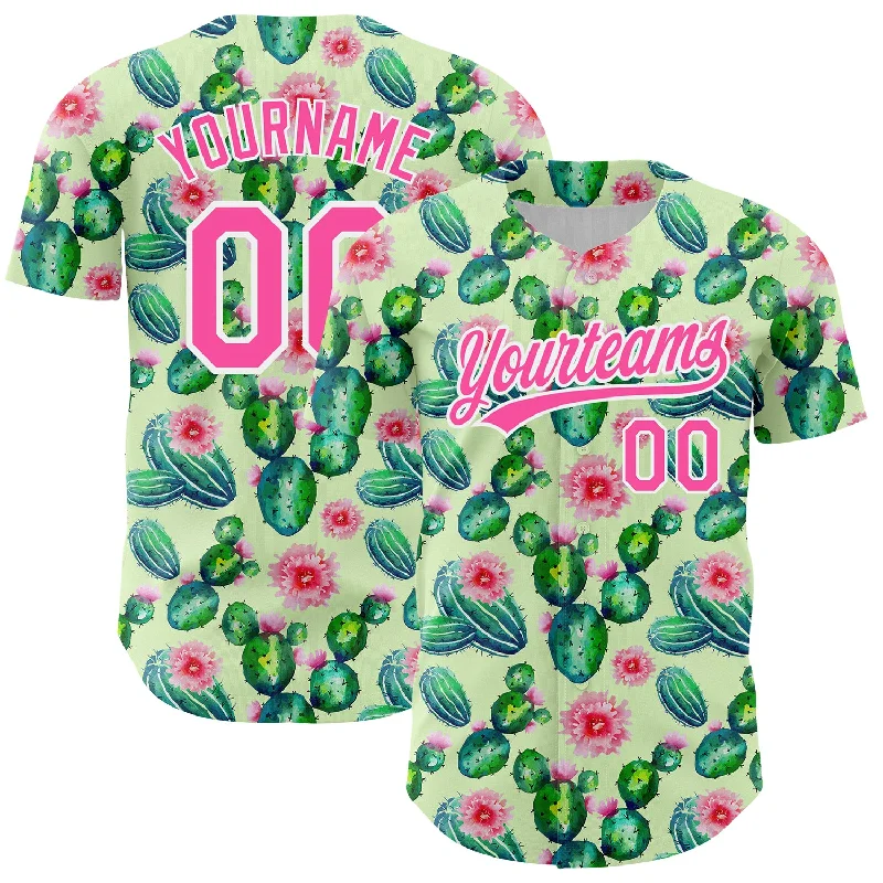 Custom Green Pink-White 3D Pattern Design Cactus Festival Authentic Baseball Jersey