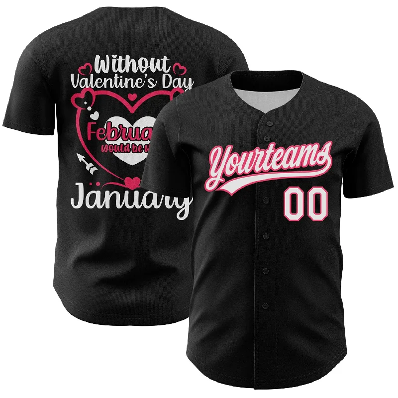 Custom Black White-Neon Pink 3D Love Heart Valentine's Day Authentic Baseball Jersey