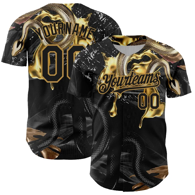 Custom Black Old Gold 3D Pattern Design Animal Snake Authentic Baseball Jersey