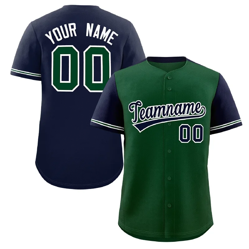 Custom Green Navy Color Block Personalized Raglan Sleeves Authentic Baseball Jersey