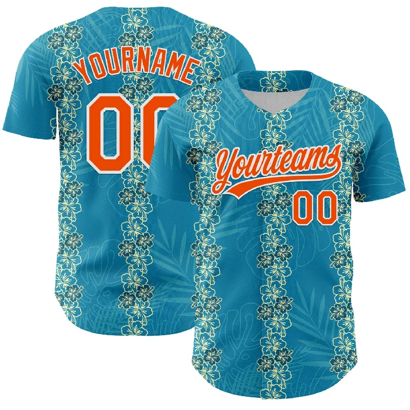 Custom Sky Blue Orange-White 3D Tropical Hawaii Jungle Leaves And Flower Authentic Baseball Jersey