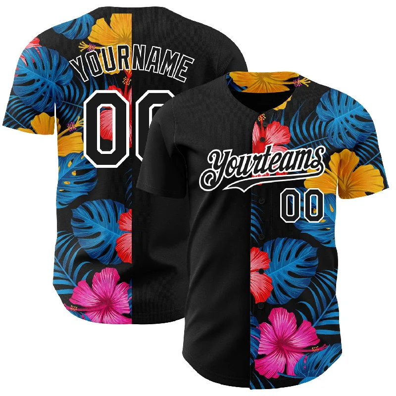 Custom Black White 3D Pattern Design Tropical Flower And Hawaii Palm Leaves Authentic Baseball Jersey