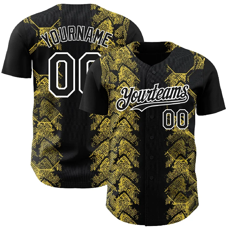 Custom Black Yellow-White 3D Pattern Design Animal Snake Authentic Baseball Jersey