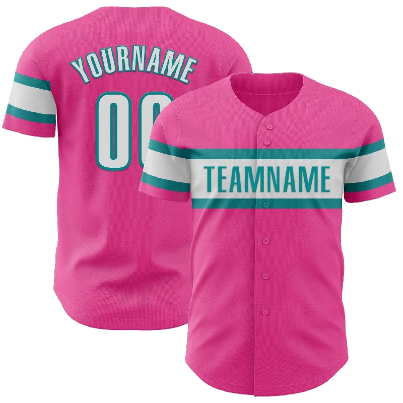 Custom Pink White-Teal Authentic Baseball Jersey