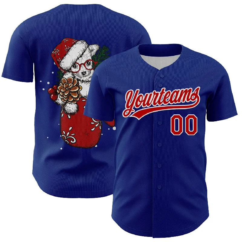 Custom Royal Red-White 3D Funny Christmas Authentic Baseball Jersey