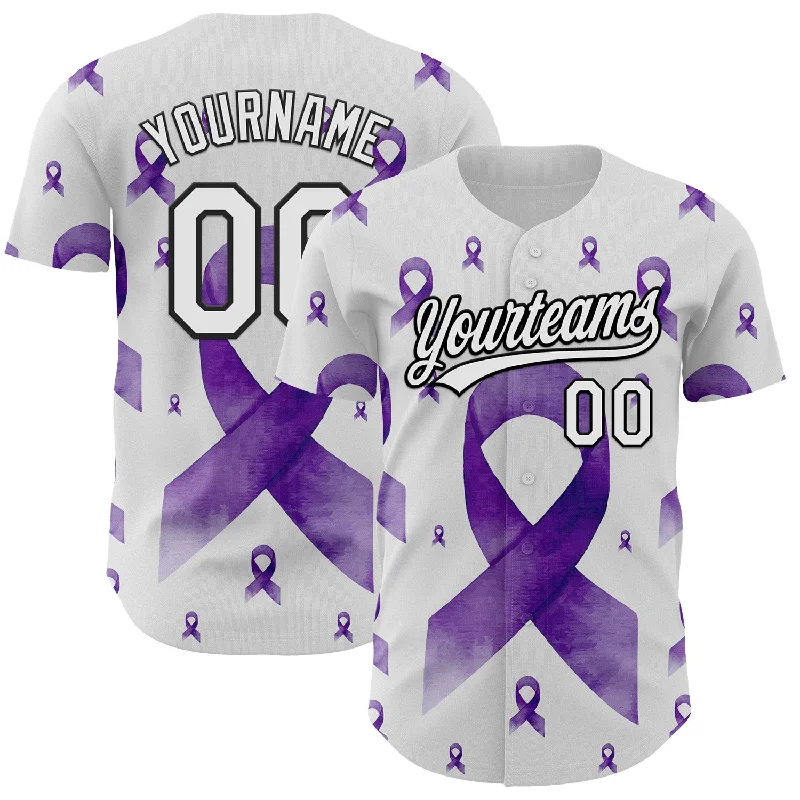 Custom White Purple-Black 3D Gynecological Cancer Ribbon Authentic Baseball Jersey