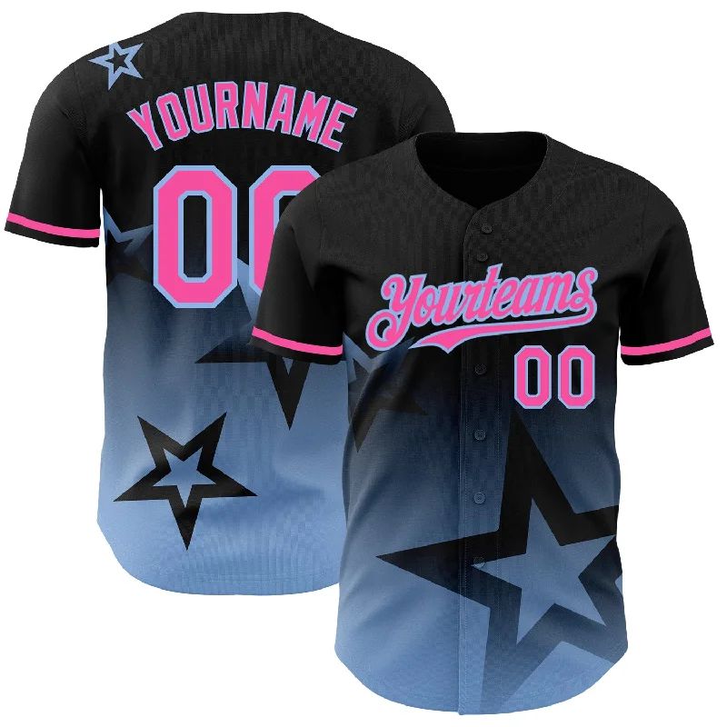 Custom Black Pink-Light Blue 3D Pattern Design Gradient Style Twinkle Star Authentic Baseball Jersey