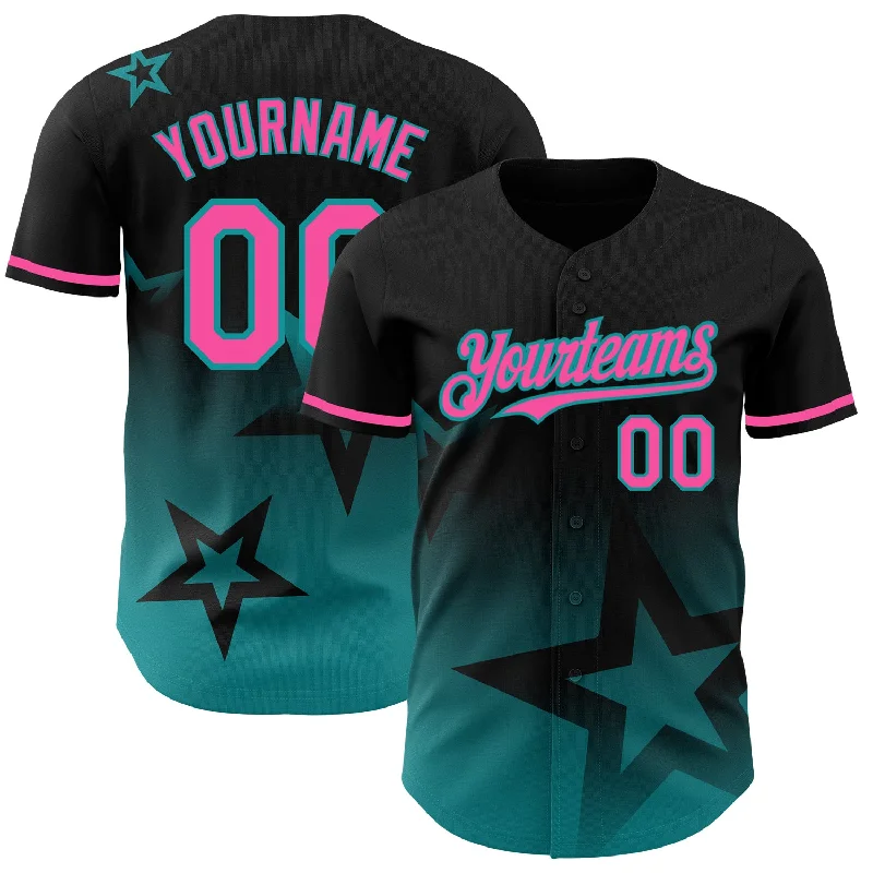 Custom Black Pink-Teal 3D Pattern Design Gradient Style Twinkle Star Authentic Baseball Jersey