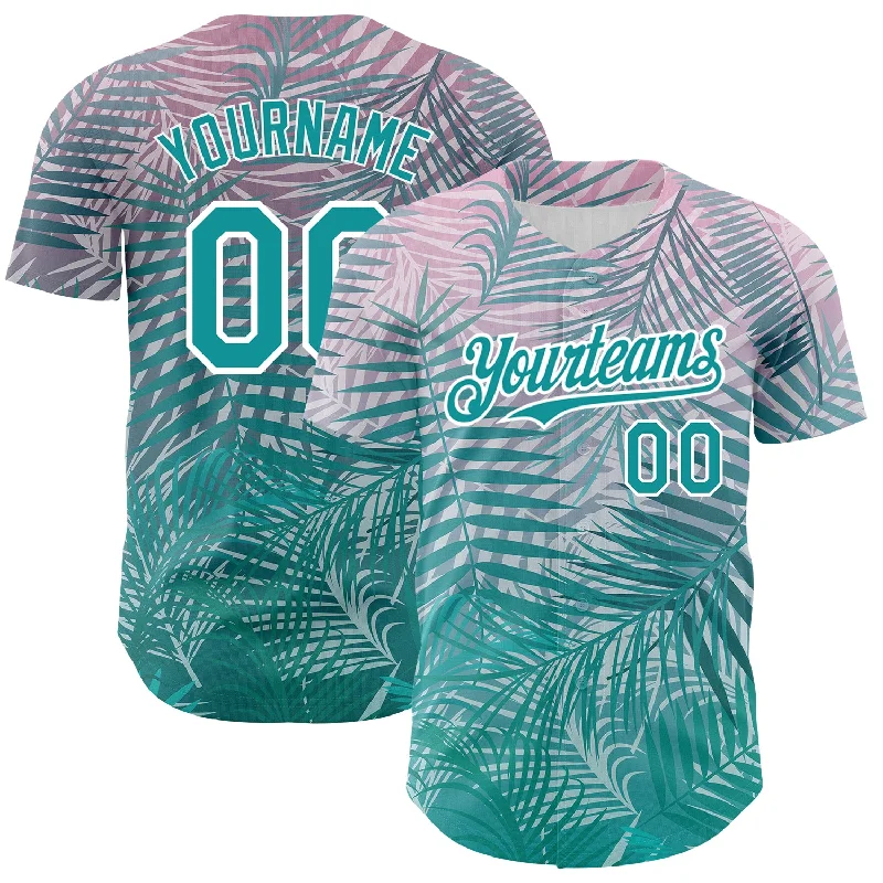 Custom Teal White 3D Pattern Design Tropical Hawaii Palm Leaves Authentic Baseball Jersey