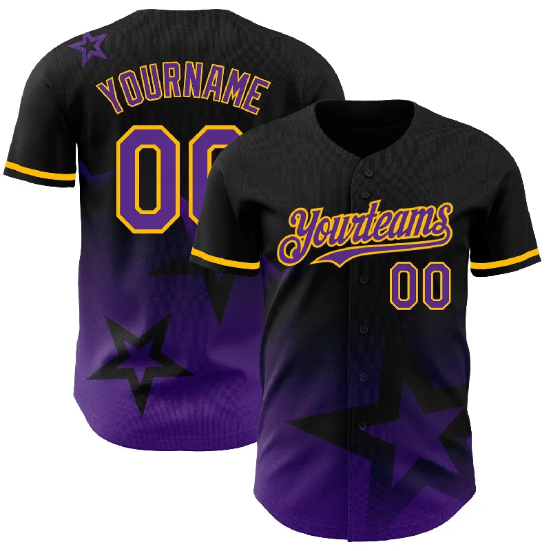 Custom Black Purple-Gold 3D Pattern Design Gradient Style Twinkle Star Authentic Baseball Jersey