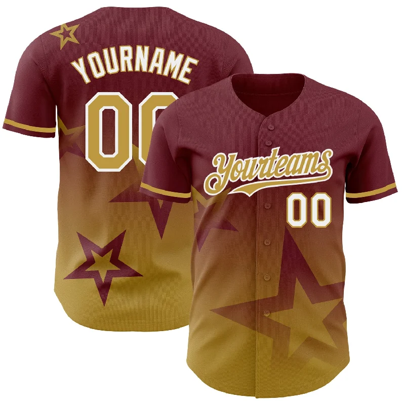 Custom Burgundy Old Gold-White 3D Pattern Design Gradient Style Twinkle Star Authentic Baseball Jersey