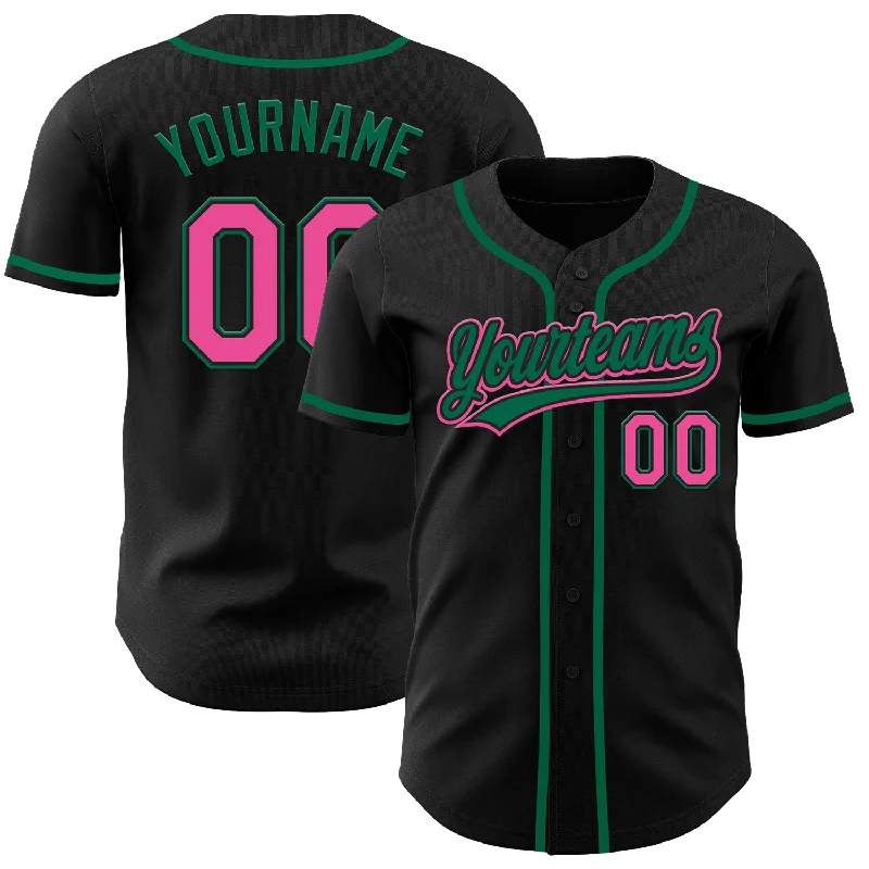 Custom Black Pink-Kelly Green Authentic Baseball Jersey