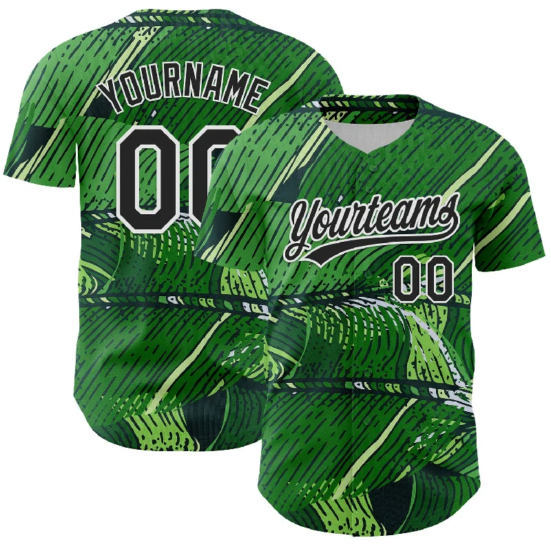 Custom Green Black-White 3D Tropical Hawaii Jungle Leaves Authentic Baseball Jersey