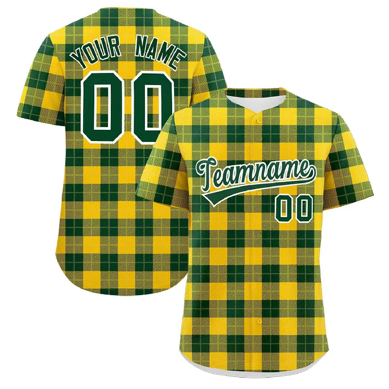 Custom Green Gold Personalized Plaid Design Authentic Baseball Jersey