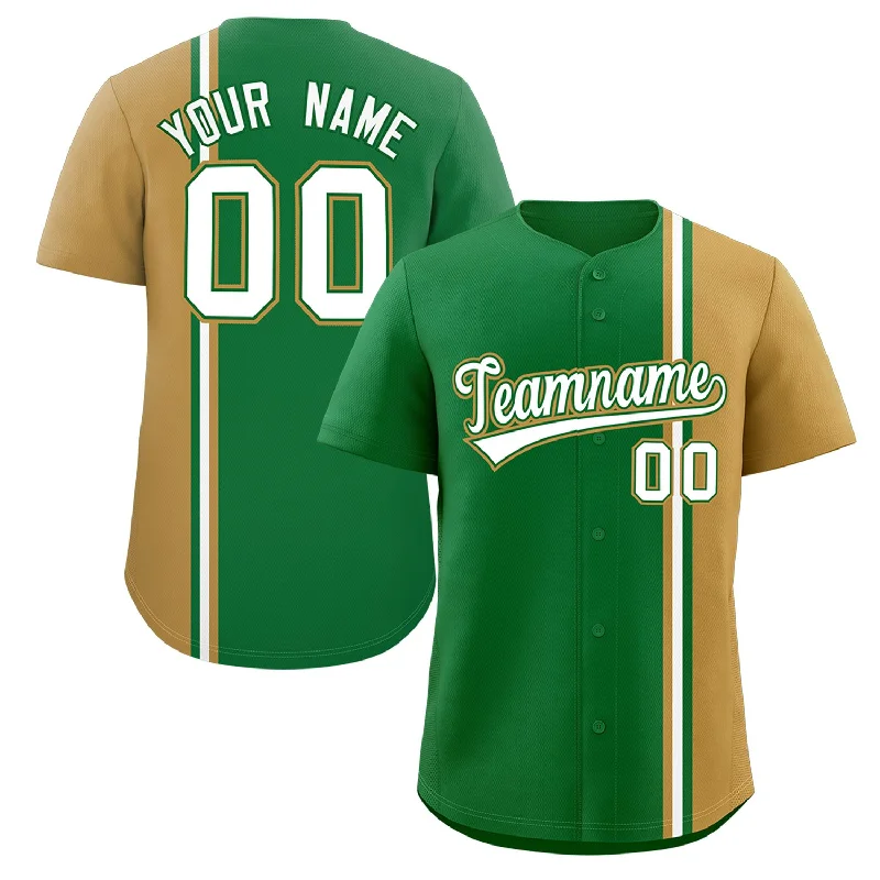 Custom Kelly Green Old Gold-White Personalized Color Block Authentic Baseball jersey