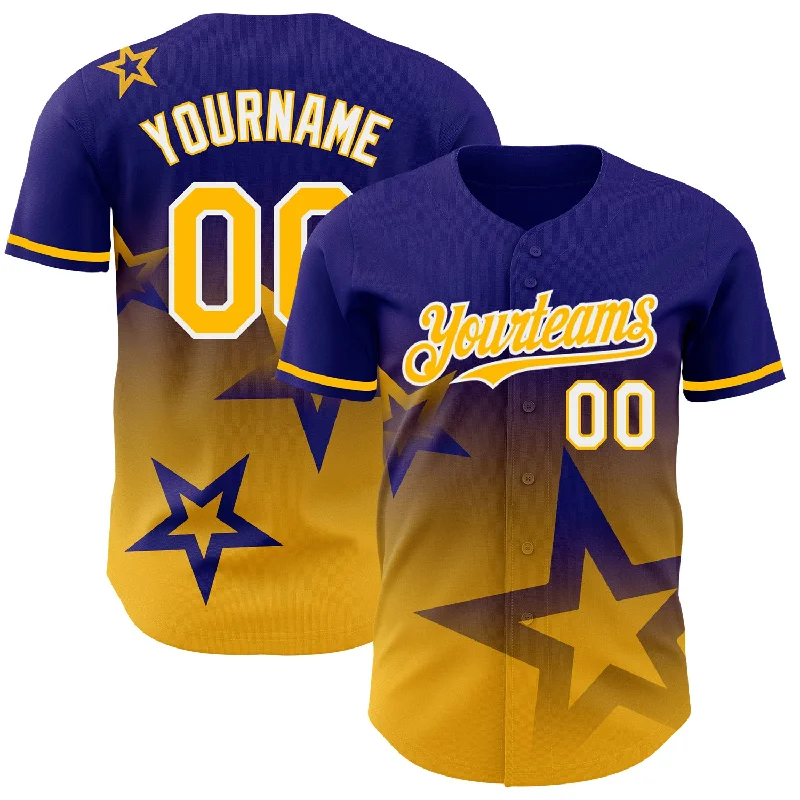 Custom Dark Purple Gold-White 3D Pattern Design Gradient Style Twinkle Star Authentic Baseball Jersey