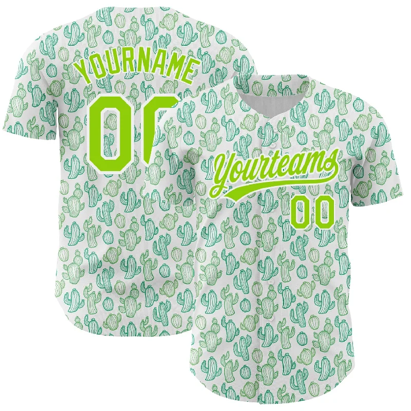 Custom White Neon Green 3D Pattern Design Cactus Festival Authentic Baseball Jersey