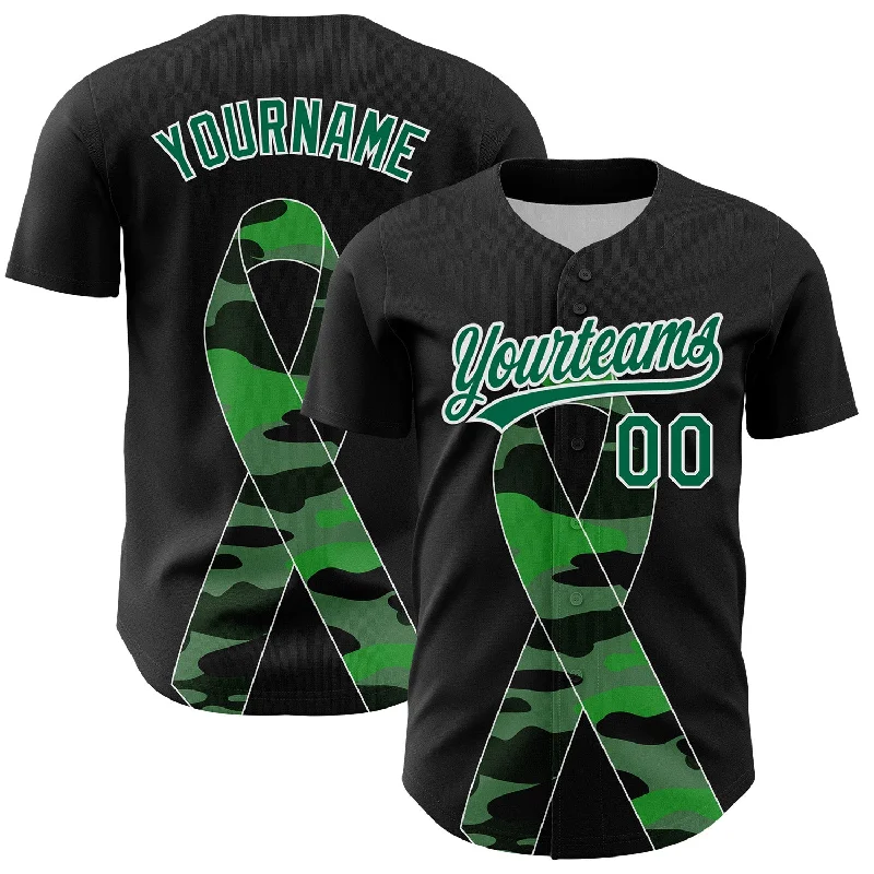 Custom Black Kelly Green-White 3D Liver Cancer Ribbon Authentic Baseball Jersey