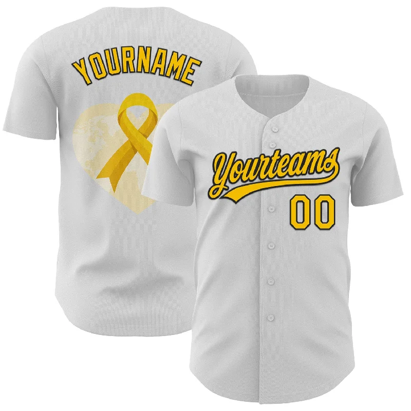 Custom White Yellow-Black 3D Childhood Cancer Gold Ribbon Authentic Baseball Jersey