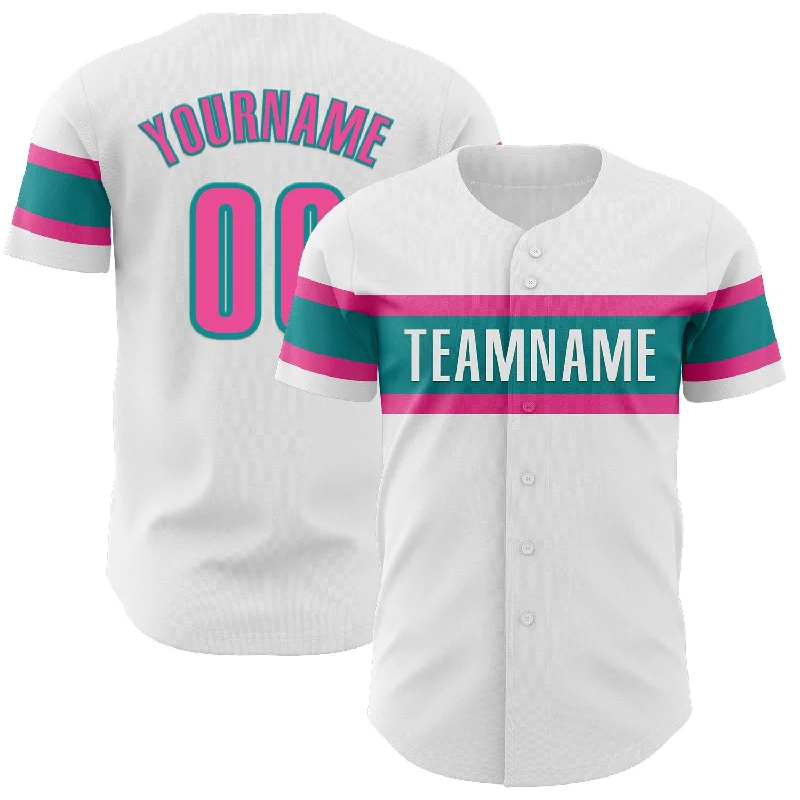 Custom White Pink-Teal Authentic Baseball Jersey