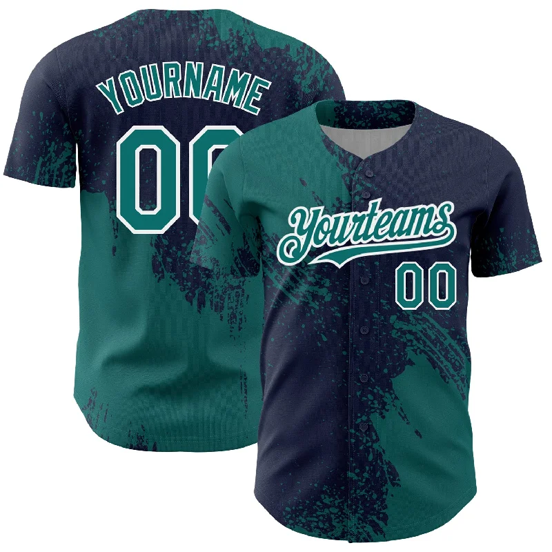 Custom Teal Navy-White 3D Pattern Design Abstract Brush Stroke Authentic Baseball Jersey