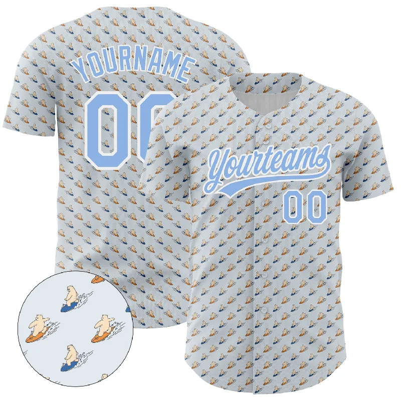 Custom Gray Light Blue-White 3D Pattern Design Animal Bear Surfing Authentic Baseball Jersey