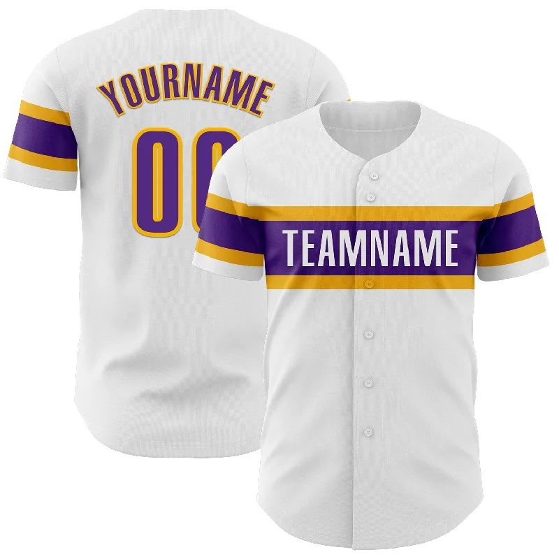 Custom White Purple-Gold Authentic Baseball Jersey