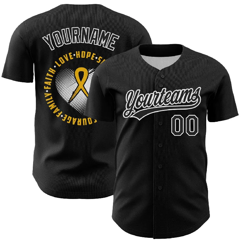 Custom Black Yellow-White 3D Childhood Cancer Gold Ribbon Authentic Baseball Jersey