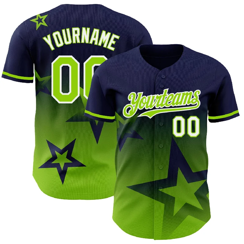 Custom Navy Neon Green-White 3D Pattern Design Gradient Style Twinkle Star Authentic Baseball Jersey