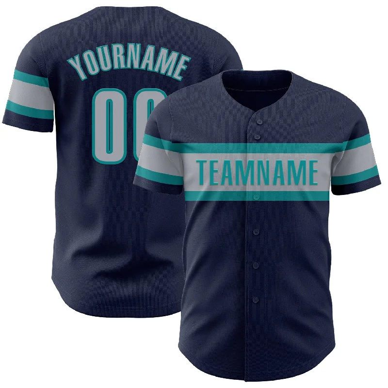 Custom Navy Gray-Teal Authentic Baseball Jersey