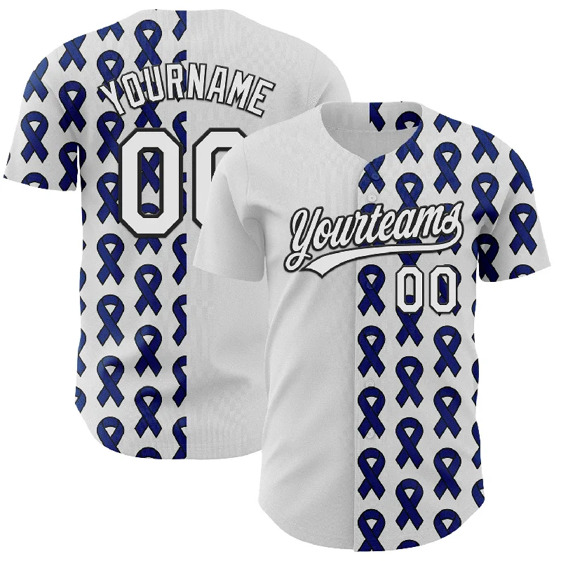 Custom White Black-Navy 3D Colorectal Cancer Ribbon Authentic Baseball Jersey