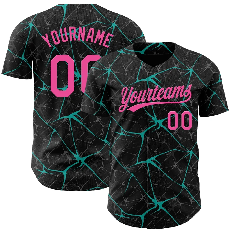 Custom Black Pink-Aqua 3D Pattern Design Abstract Network Authentic Baseball Jersey