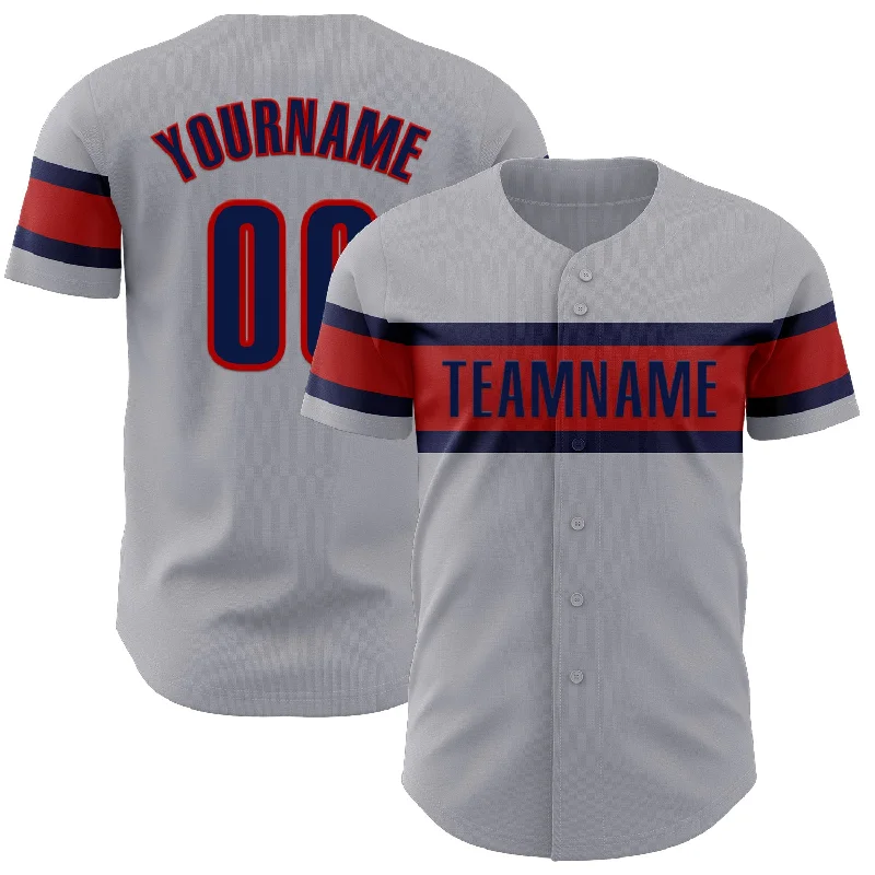 Custom Gray Navy-Red Authentic Baseball Jersey